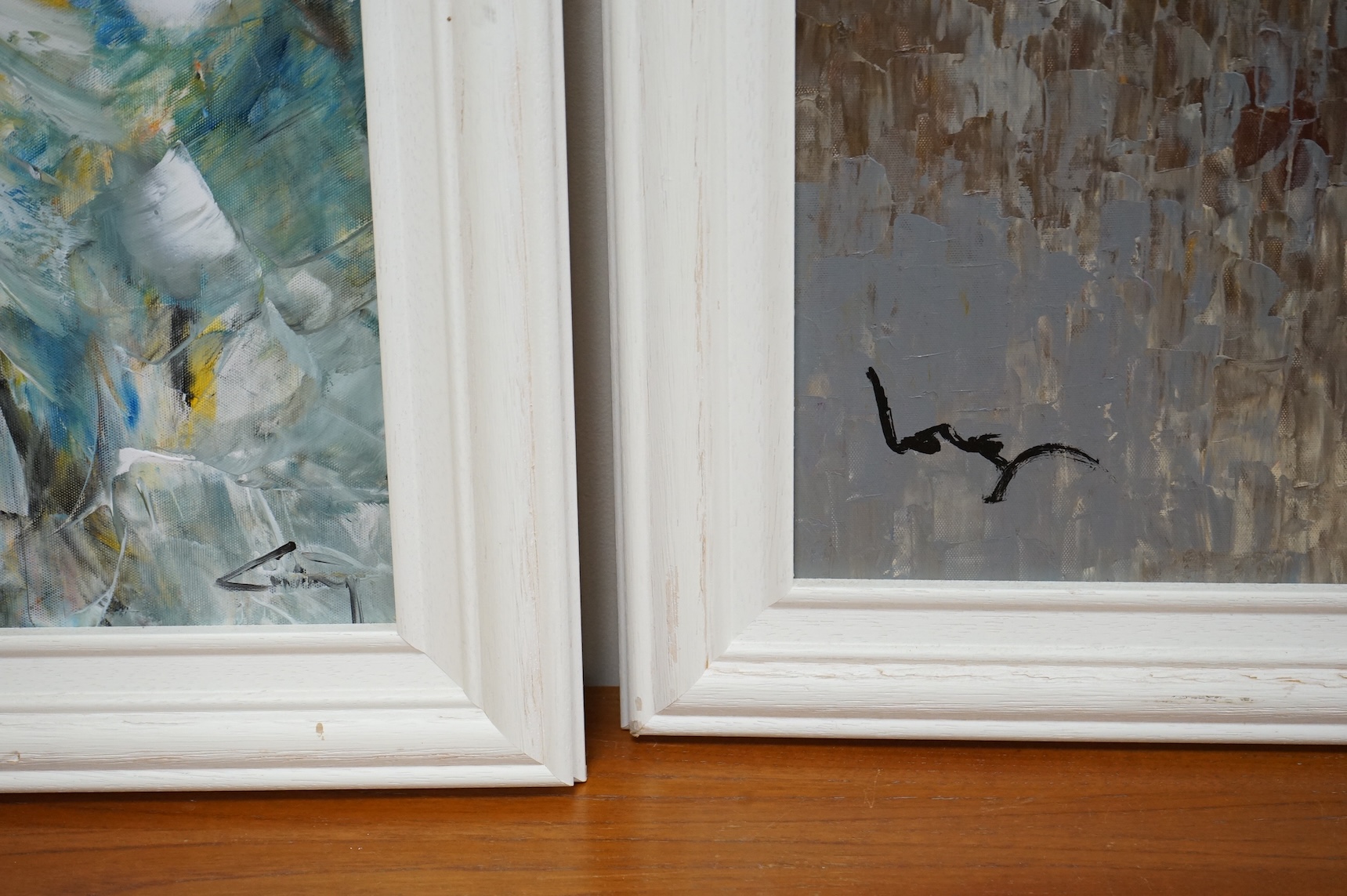 A pair of Contemporary prints on canvas, Chinese junks and figures, each indistinctly signed, 65 x 65cm